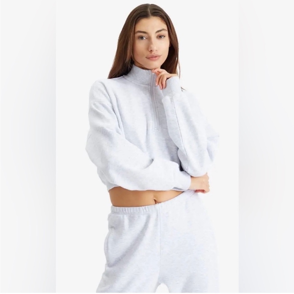 SKIMS Cotton Fleece Cropped Half Zip Pullover Light Heather Grey- Size XXS